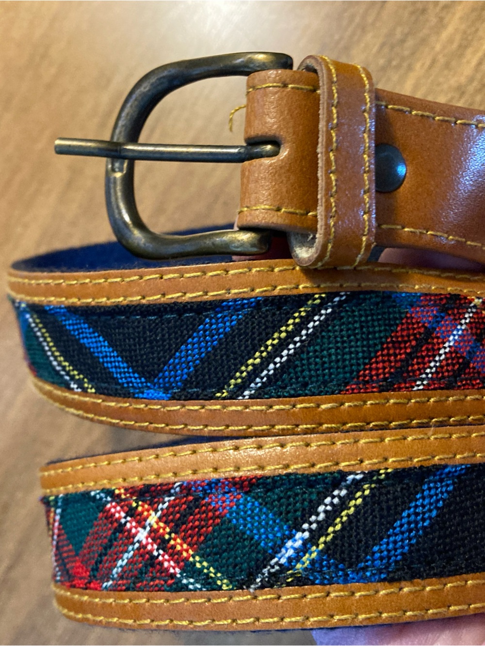 Ingles Buchanan Leather & Wool, Stewart, Black Tartan Belt. 38 in.